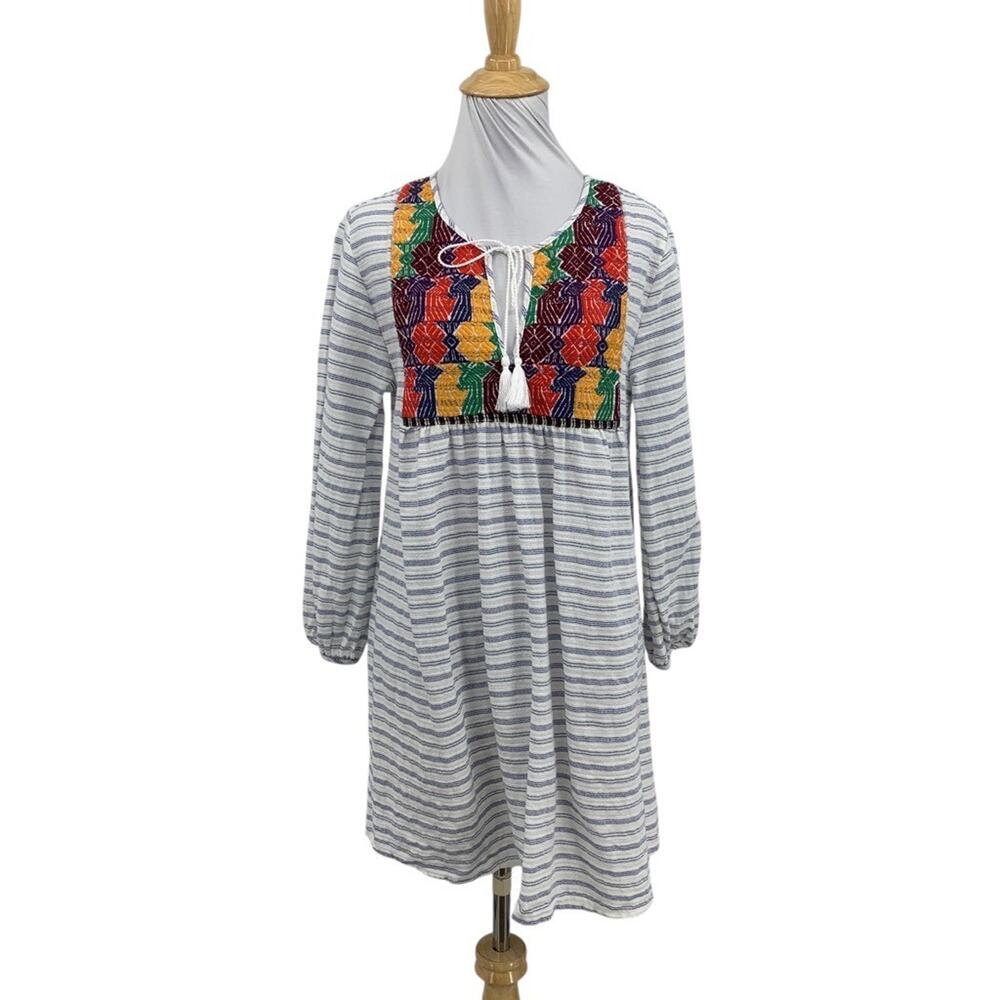 J Crew Tunic Top Womens S Small Multi Embroidered Striped Tassel Front Boho